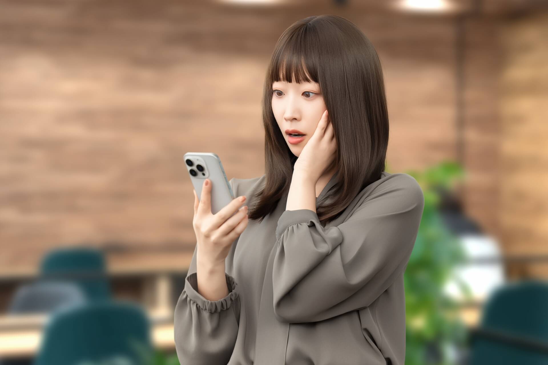 スマホの画面を見て驚くビジネスウーマンの画像。
