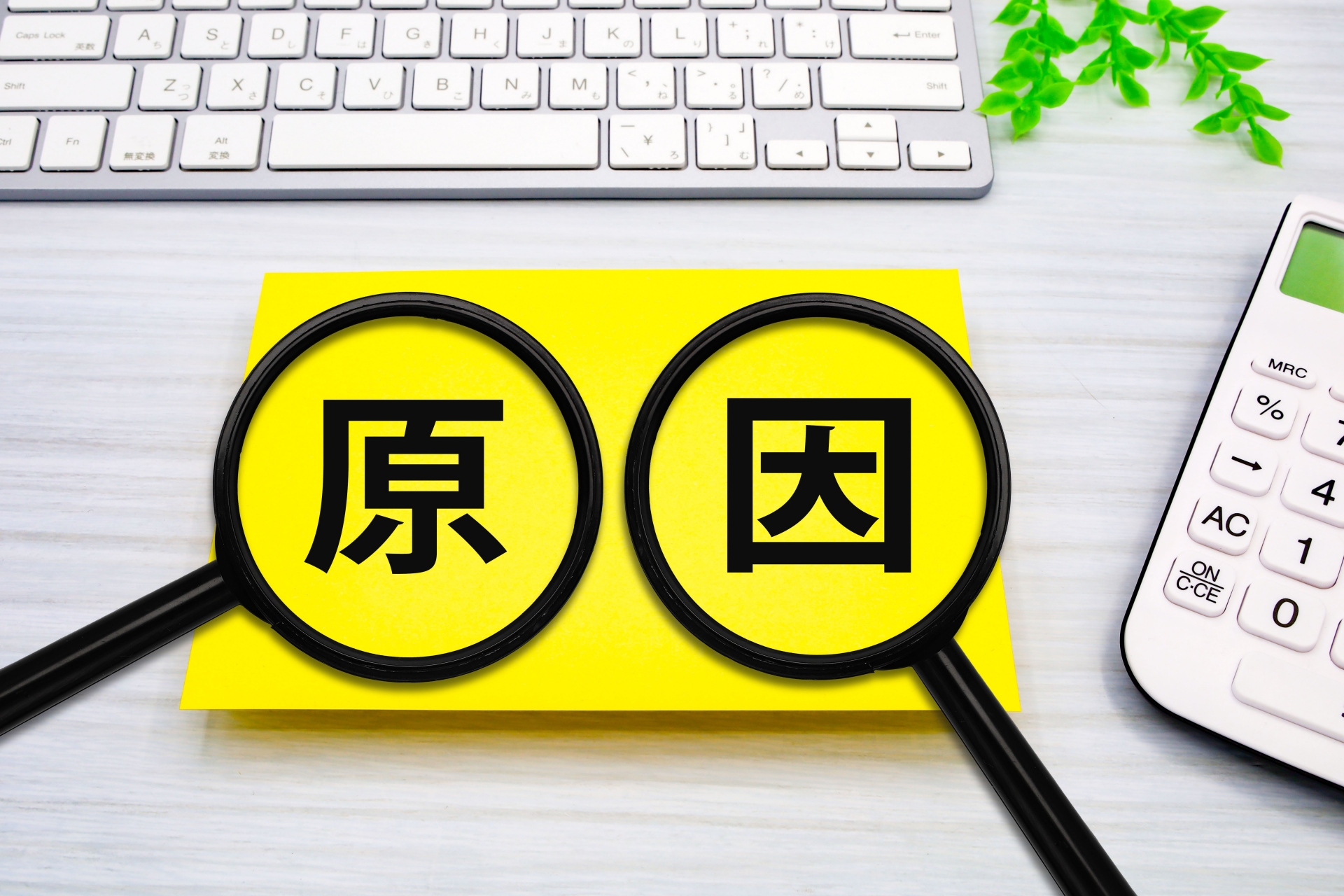 虫めがねと原因の文字