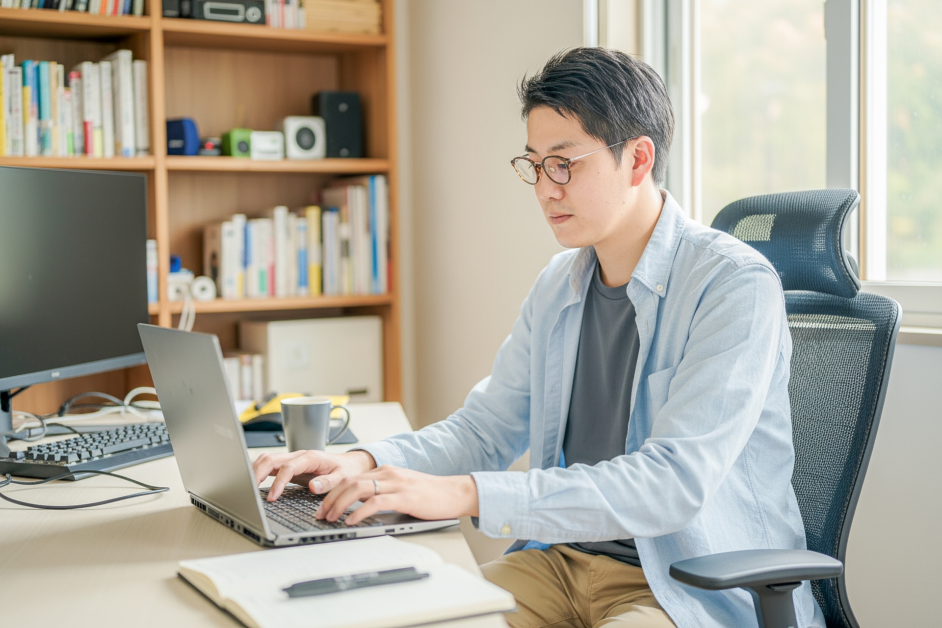 自宅で仕事するかっこいい男性