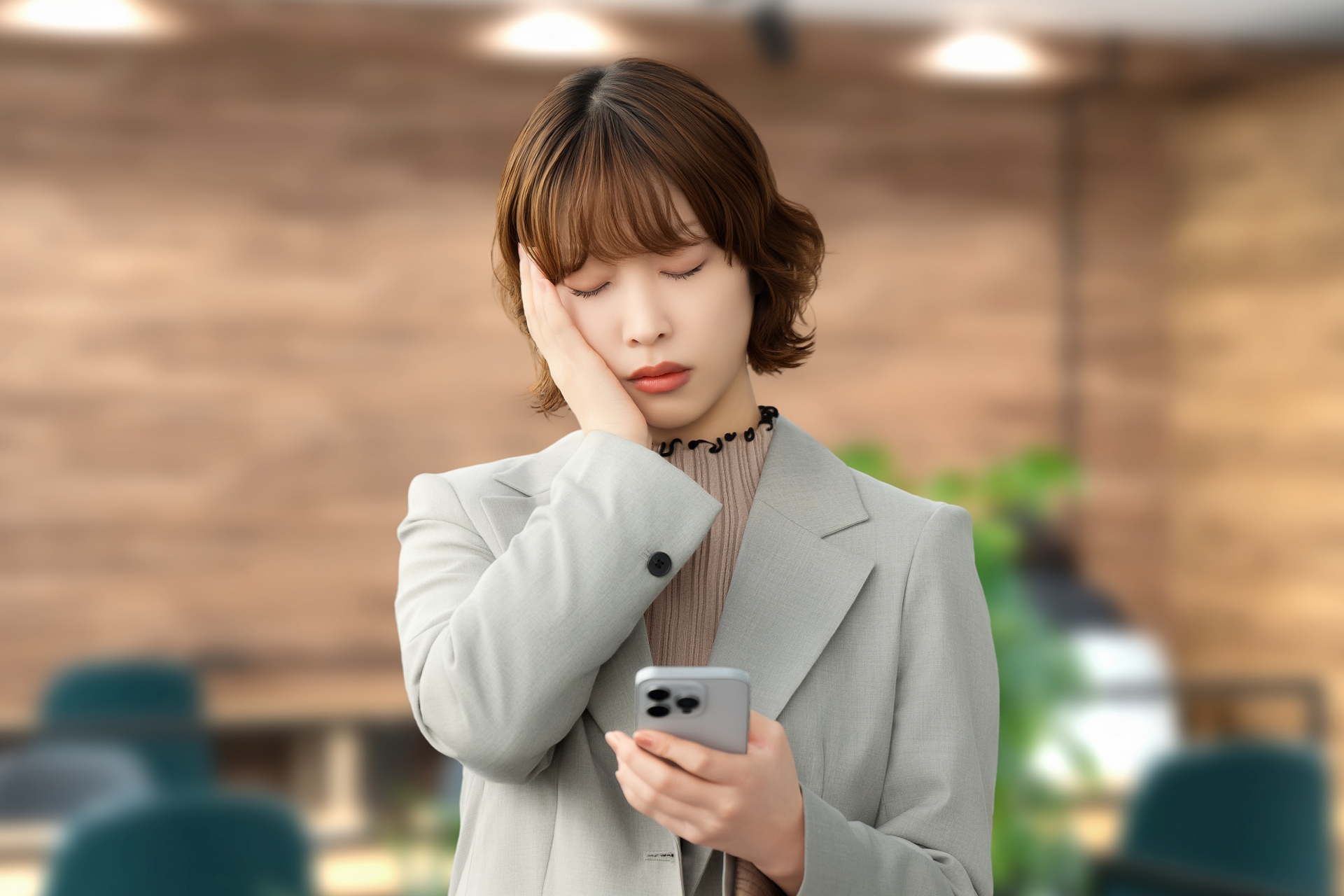 スマホを見て悩む女性