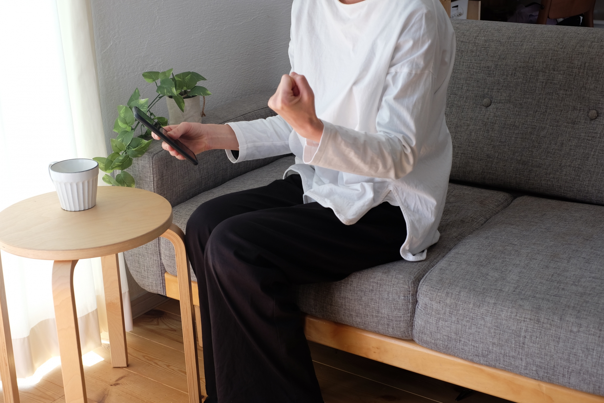 ソファでスマホを見てガッツポーズをする人