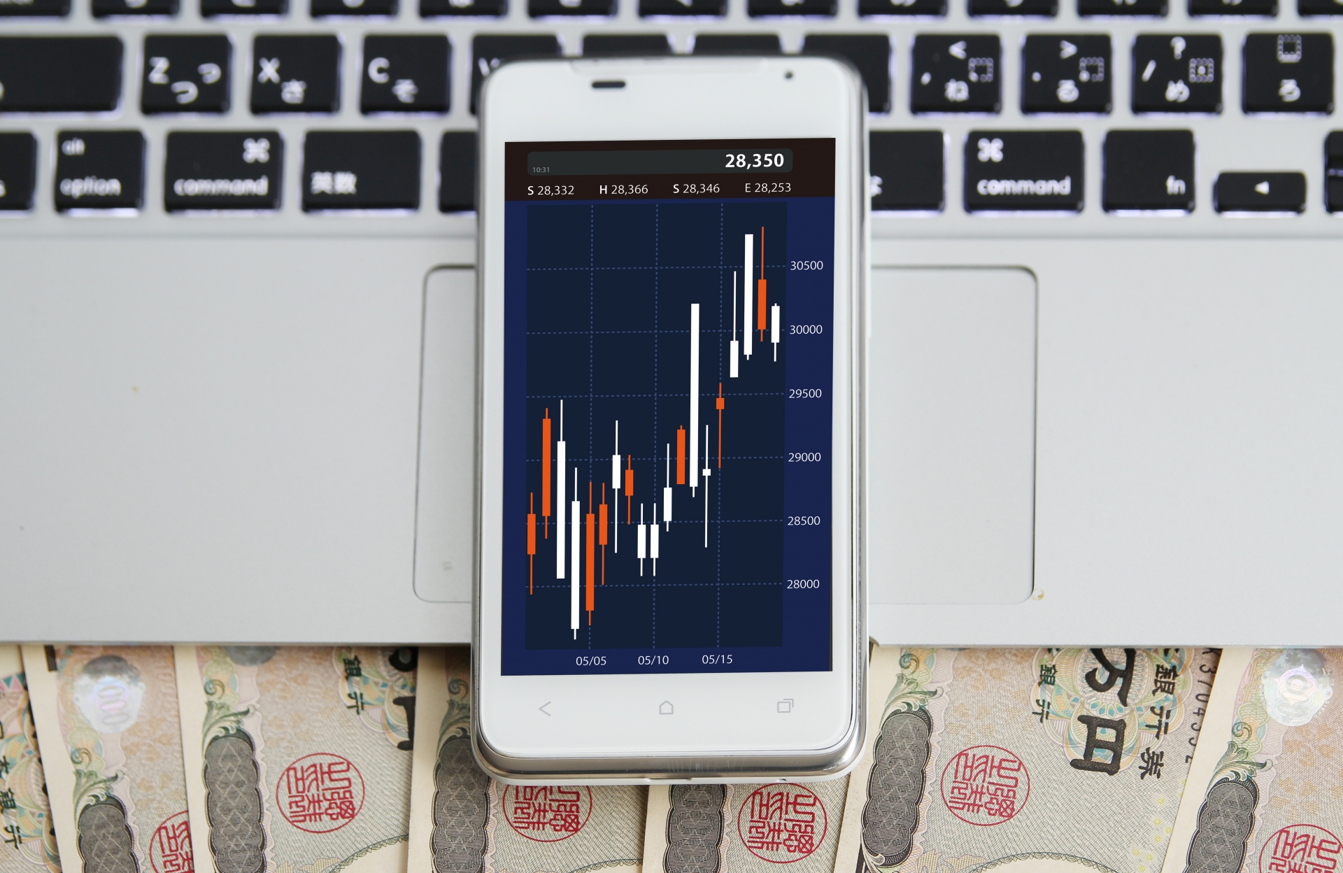 スマホと株価チャートと日本円