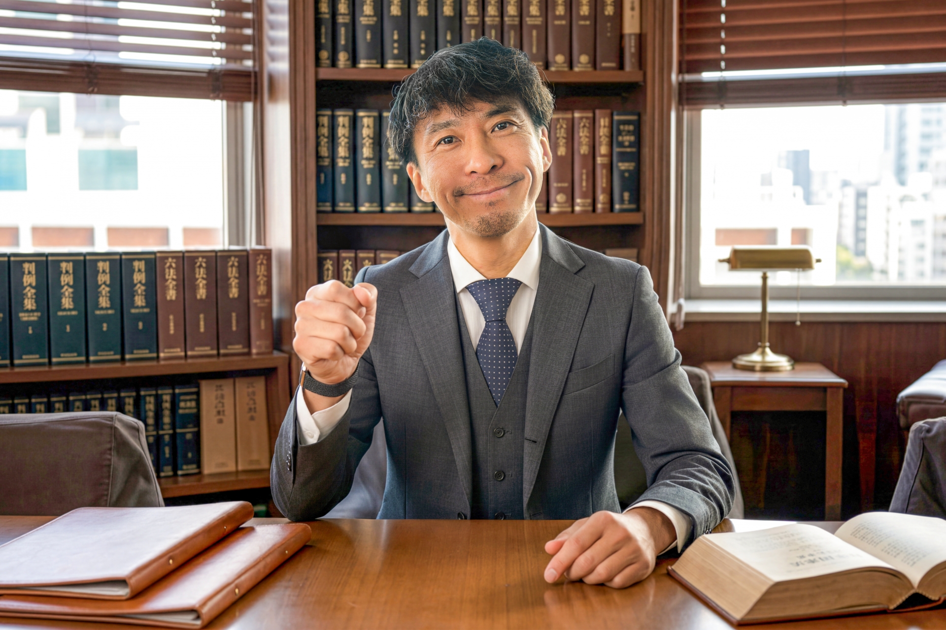 事務所で本に囲まれた小ガッツポーズの男性