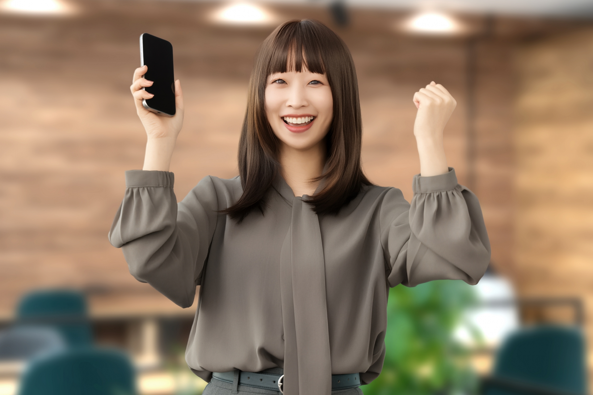 携帯をもって喜ぶ女性