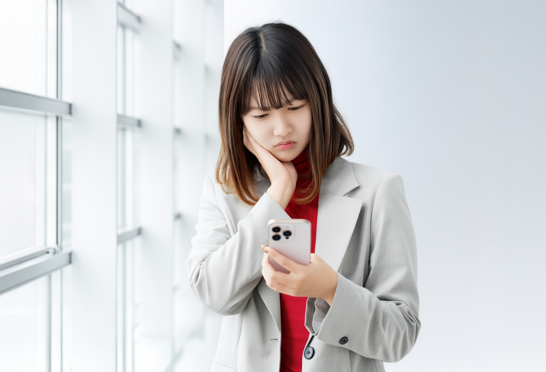 スマホを持って悩む女性